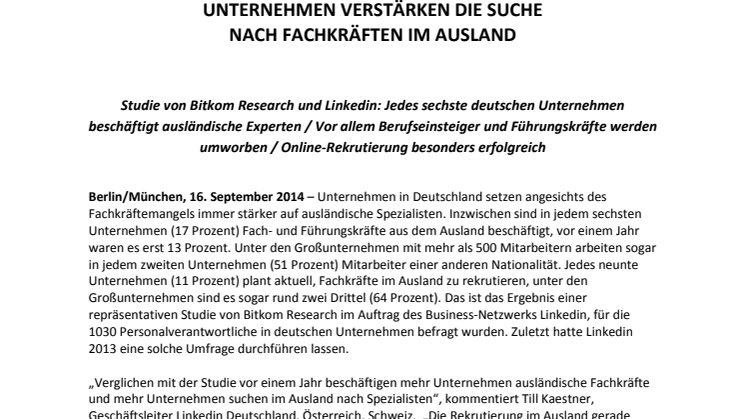 LinkedIn/Bitkom-Research-Studie: Unternehmen verstärken die Suche nach Fachkräften im Ausland