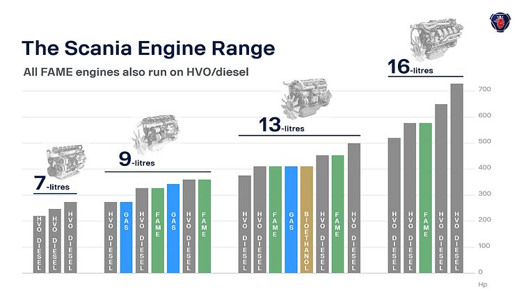 Scania bietet 23 verschiedene Euro-6-Motoren an, die in vier verschiedenen Motoren-Baureihen unterteilt werden können.