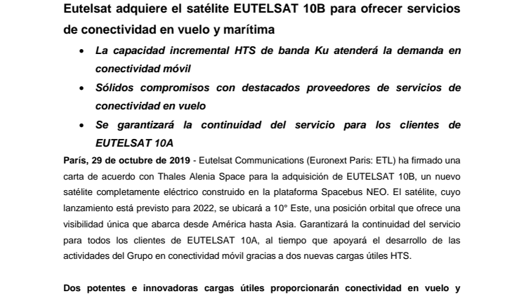 Eutelsat adquiere el satélite EUTELSAT 10B para ofrecer servicios de conectividad en vuelo y marítima 