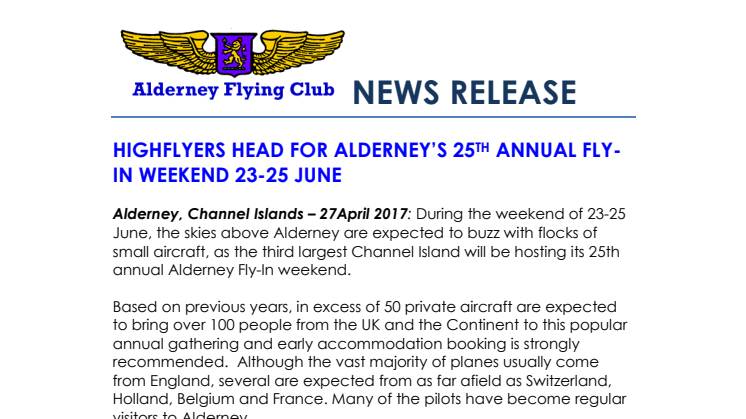 Highflyers head for Alderney's 25th Annual Fly-In Weekend 23-25 June 