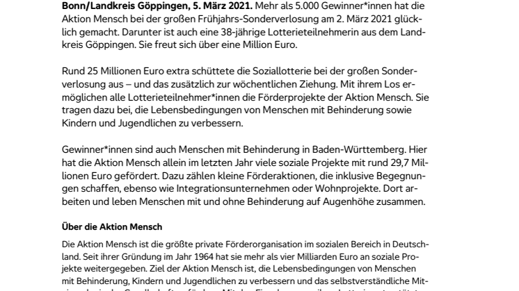 Landkreis Göppingen:  Glückspilz gewinnt 1 Million Euro bei der Frühjahrs-Sonderverlosung der Aktion Mensch