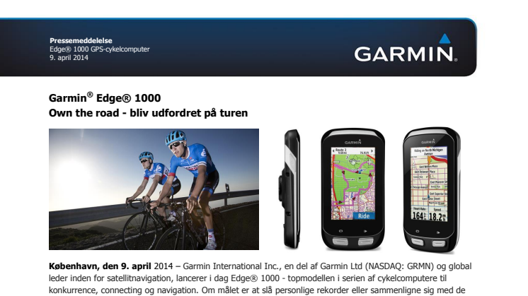 Edge 1000 - ny GPS-cykelcomputer fra Garmin 
