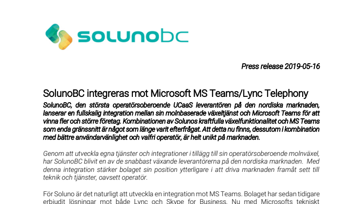 SolunoBC integreras mot Microsoft MS Teams/Lync Telephony