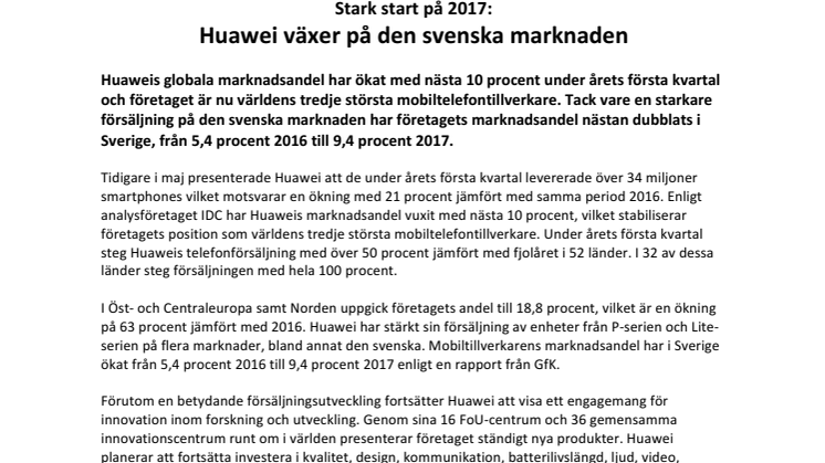 Stark start på 2017: Huawei växer på den svenska marknaden
