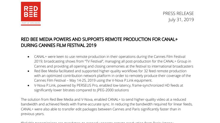 RED BEE MEDIA POWERS AND SUPPORTS REMOTE PRODUCTION FOR CANAL+ DURING CANNES FILM FESTIVAL 2019