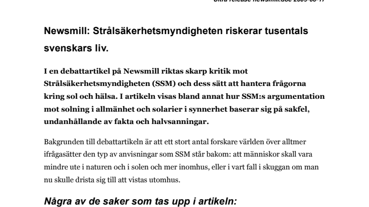 Newsmill: Strålsäkerhetsmyndigheten riskerar tusentals svenskars liv.