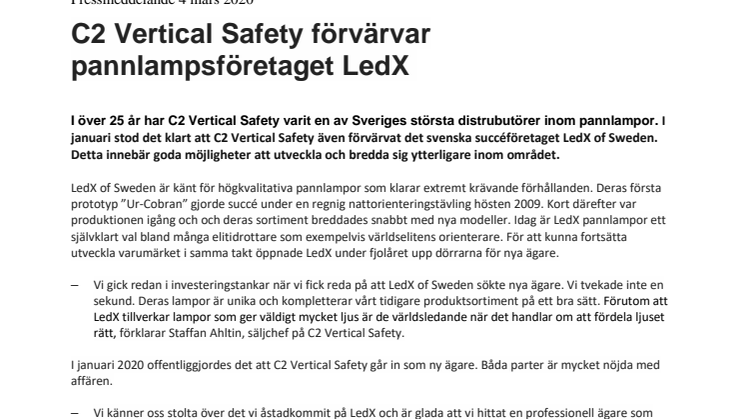 C2 Vertical Safety förvärvar pannlampsföretaget LedX 