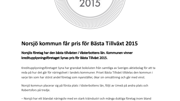 Norsjö kommun får pris för Bästa Tillväxt 2015