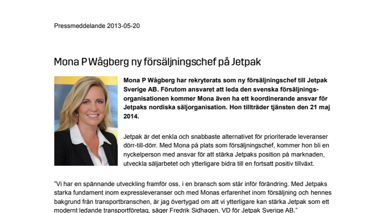 Mona P Wågberg ny försäljningschef på Jetpak