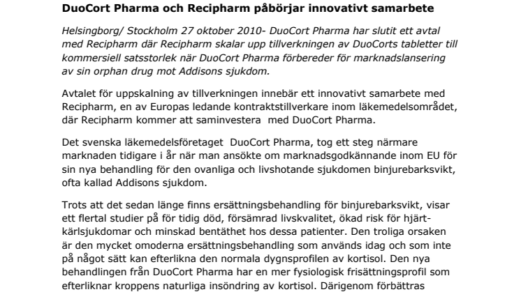DuoCort Pharma och Recipharm påbörjar innovativt samarbete      