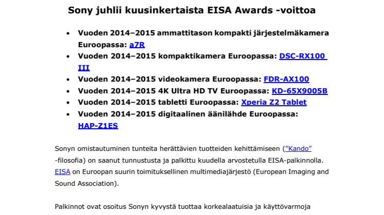 Sony juhlii kuusinkertaista EISA Awards -voittoa