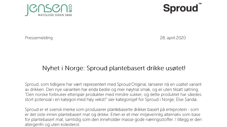Nyhet i Norge: Sproud plantebasert drikke usøtet! 