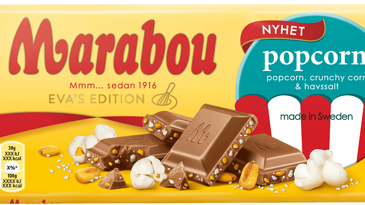 Nyhet - Marabou Popcorn! Det vinnande bidraget skickades in av Eva från Kristianstad och hon får därmed sitt namn på chokladkakan. 