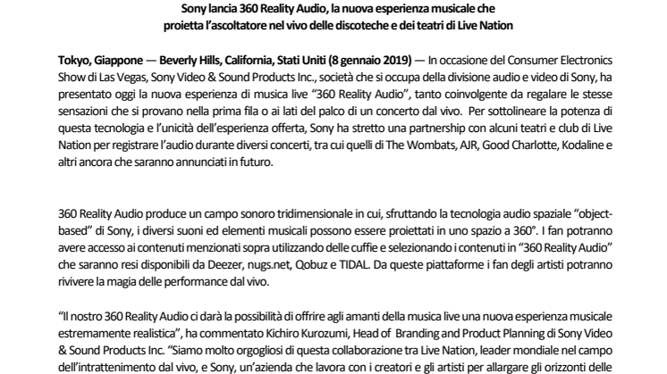 Sony lancia 360 Reality Audio, la nuova esperienza musicale che  proietta l’ascoltatore nel vivo delle discoteche e dei teatri di Live Nation