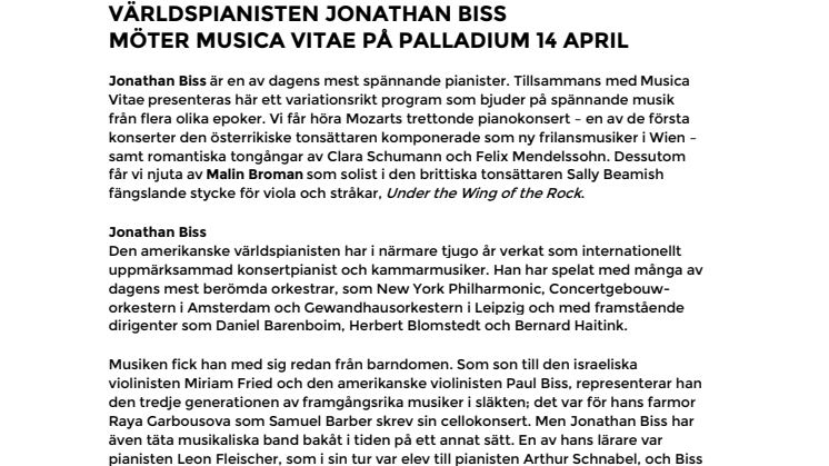 Världspianisten Jonathan Biss möter Musica Vitae på Palladium Malmö 14 april