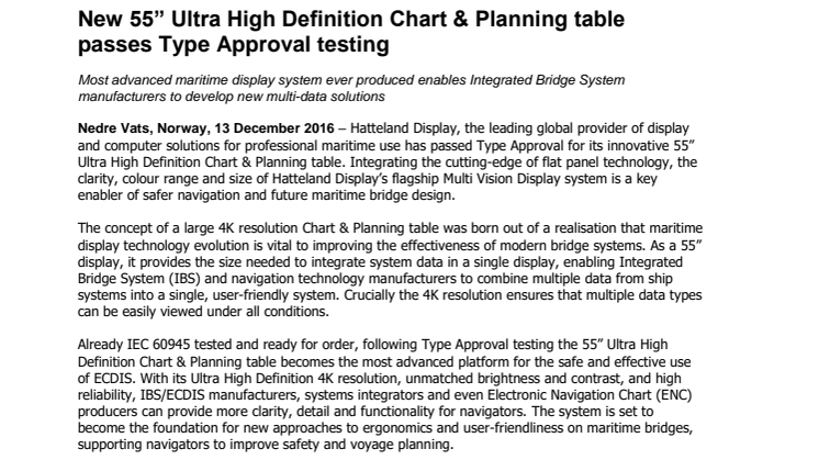 Hatteland Display: New 55” Ultra High Definition Chart & Planning table passes Type Approval testing