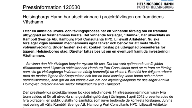 Helsingborgs Hamn har utsett vinnare i projekttävlingen om framtidens Västhamn 