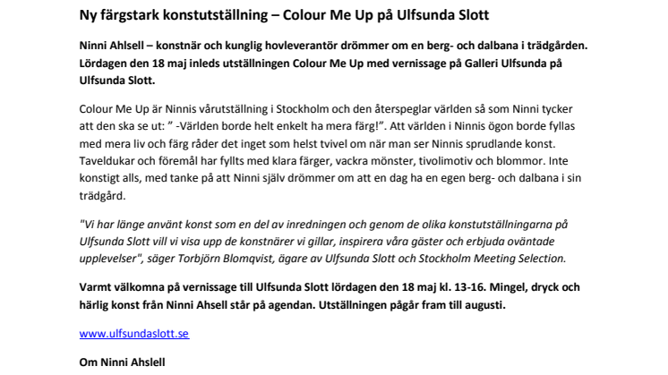 Färgstark konstutställning med Ninni Ahlsell - Colour Me Up på Ulfsunda Slott