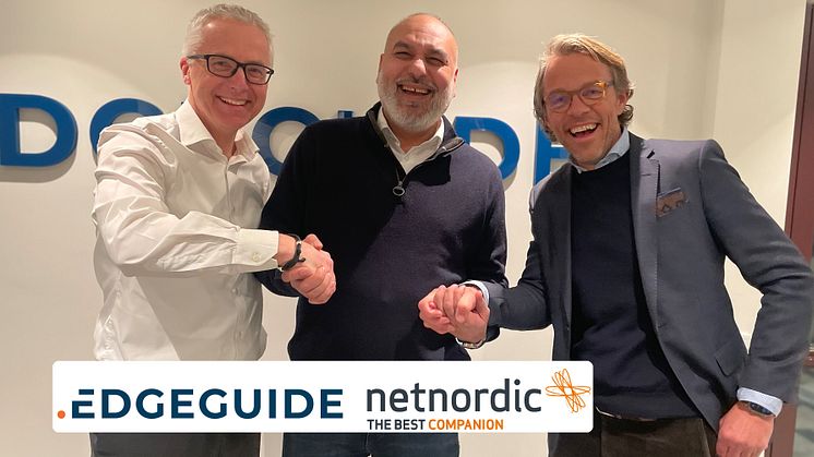 Från vänster: Jarl Øverby, CEO NetNordic Group, Ali Qureshi, CEO EdgeGuide och Fredrik Rosman, CEO NetNordic Sweden.