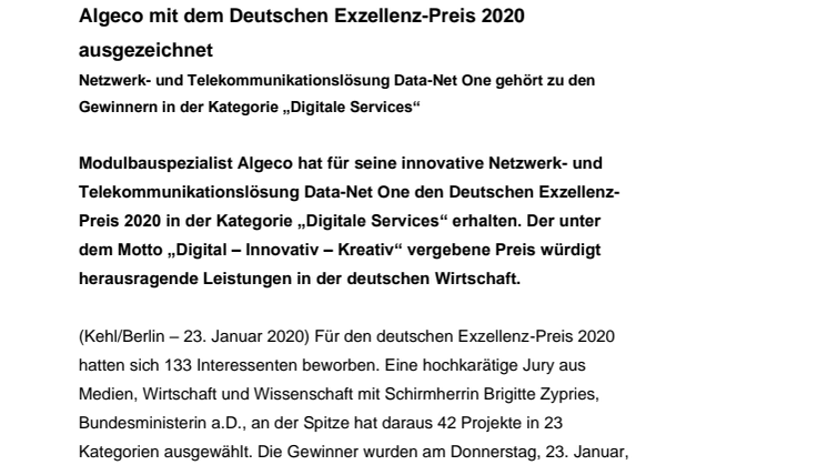 Algeco mit dem Deutschen Exzellenz-Preis 2020 ausgezeichnet