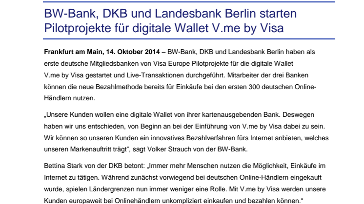 BW-Bank, DKB und Landesbank Berlin starten Pilotprojekte für digitale Wallet V.me by Visa 
