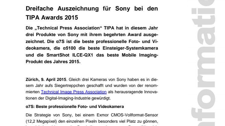 Dreifache Auszeichnung für Sony bei den  TIPA Awards 2015 