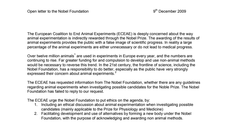 Open letter to the Nobel Foundation