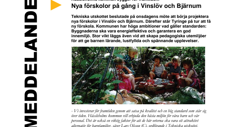 Nya förskolor på gång i Vinslöv och Bjärnum - Hässleholms kommun bygger för framtiden   