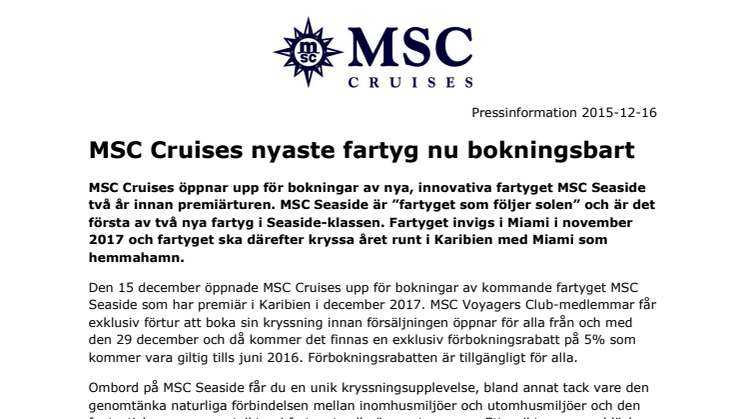 MSC Cruises nyaste fartyg nu bokningsbart