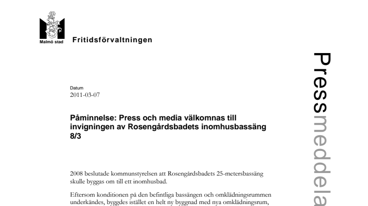Påminnelse: Press och media välkomnas till invigningen av Rosengårdsbadets inomhusbassäng 8/3