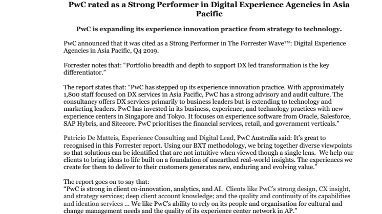 PwC rated as a Strong Performer in Digital Experience Agencies in Asia Pacific
