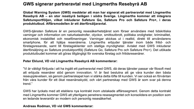GWS signerar partneravtal med Lingmerths Resebyrå AB