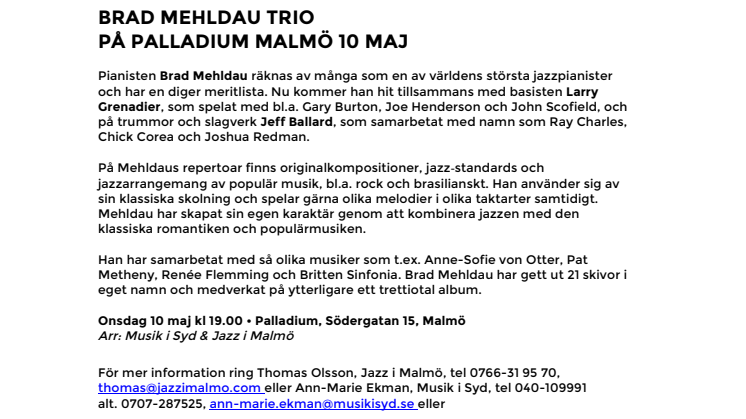 Brad Mehldau Trio på Palladium Malmö 10 maj
