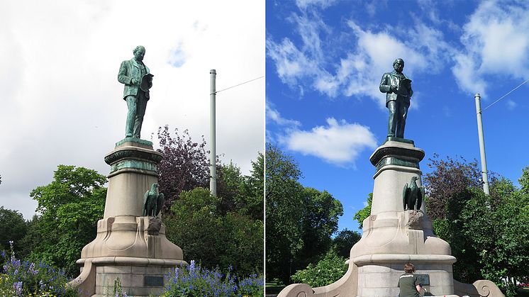 Statyn före och efter restaurering. Foto: Helena Strandberg