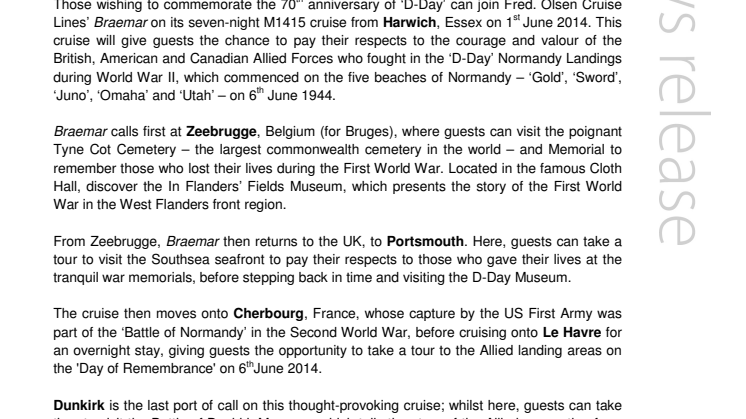 Fred. Olsen Cruise Lines commemorates  70th anniversary of ‘D-Day’ in June 2014