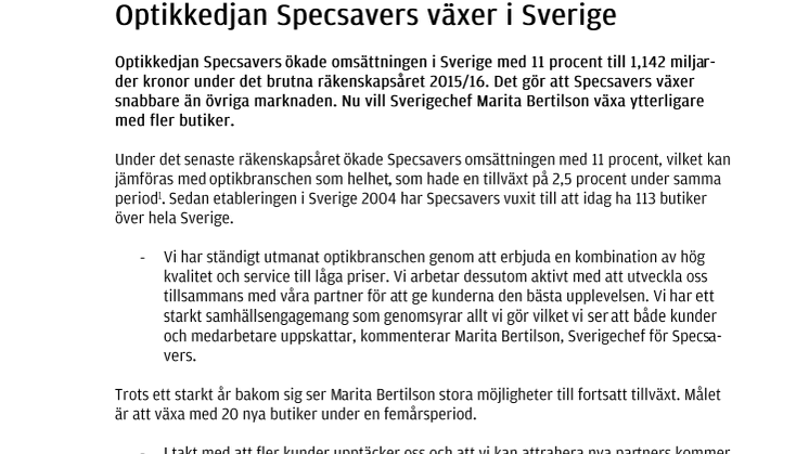 Optikkedjan Specsavers växer i Sverige