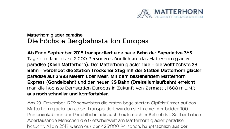 Pressemitteilung Kleinmatterhorn: Die höchste Bergbahnstation Europas