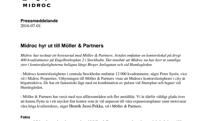 Midroc hyr ut till Möller & Partners