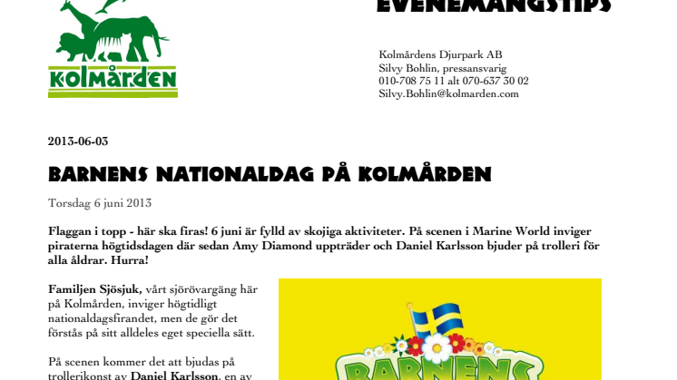 Evenemangstips: Barnens nationaldag på Kolmården