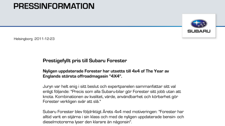 Prestigefyllt pris till Subaru Forester