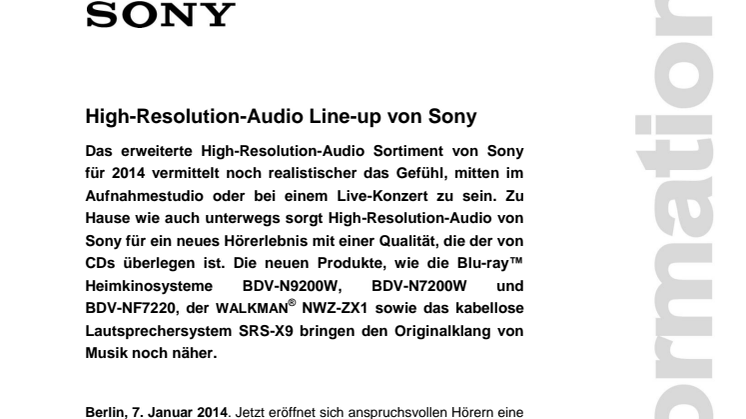High-Resolution-Audio Line-up von Sony