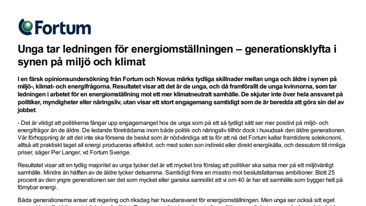 Unga tar ledningen för energiomställningen – generationsklyfta i synen på miljö och klimat