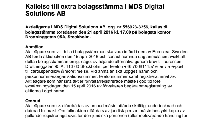 Extra bolagsstämma i MDS Digital Solutions AB