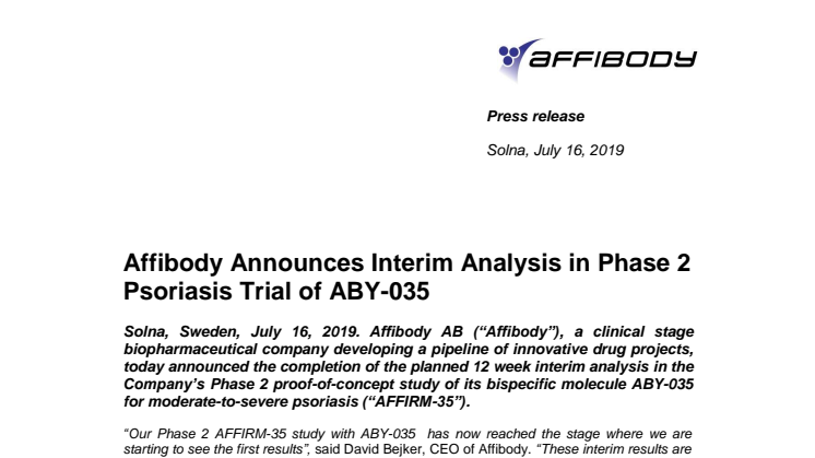 Affibody Announces Interim Analysis in Phase 2 Psoriasis Trial of ABY-035