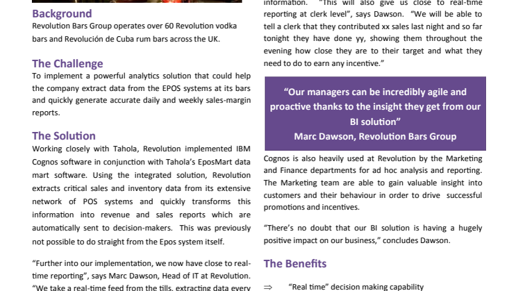 Revolution Bars implement powerful analytics solution provided by Tahola