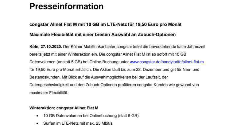 congstar Allnet Flat M mit 10 GB im LTE-Netz für 19,50 Euro pro Monat 