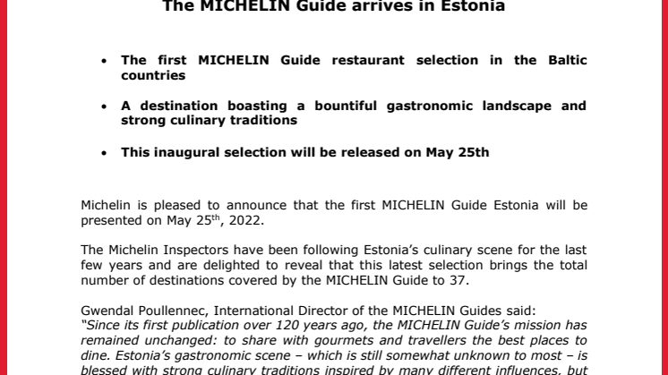 The MICHELIN Guide arrives in Estonia