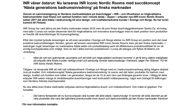 INR växer österut: Nu lanseras INR Iconic Nordic Rooms med succékoncept ’Nästa generations badrumsinredning’ på finska marknaden