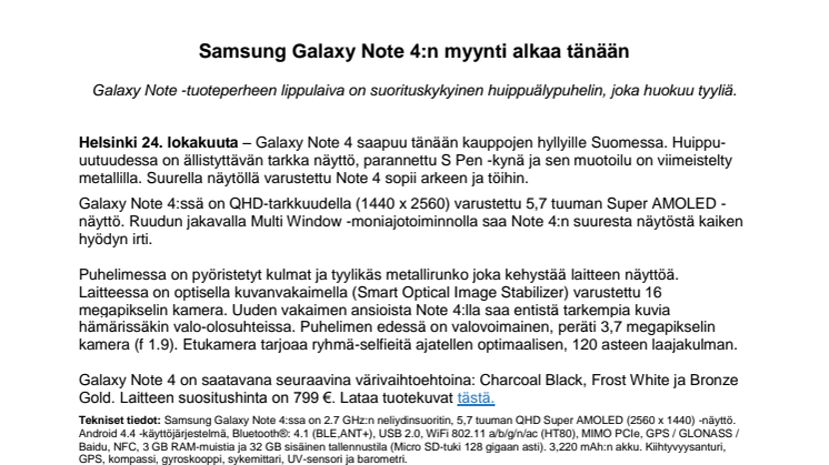 Samsung Galaxy Note 4:n myynti alkaa tänään