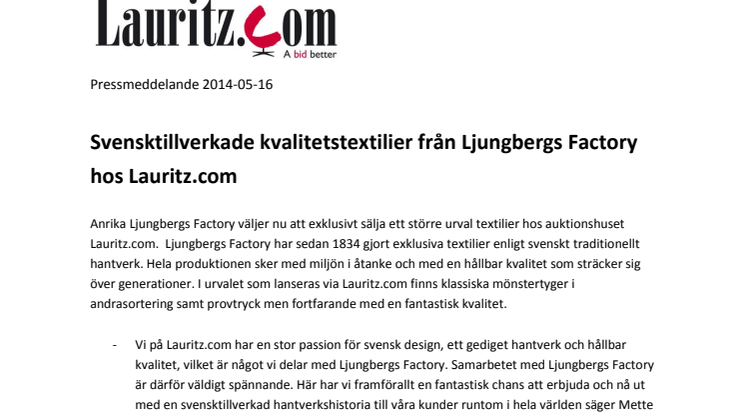 Svensktillverkade kvalitetstextilier från Ljungbergs Factory hos Lauritz.com